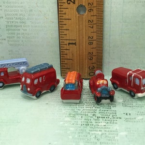 Tiny FIRE TRUCKS Pumper Ladder Engine Tanker Hose Cars Vintage Style - French Feve Feves Porcelain Figurines Dollhouse Miniatures  P312
