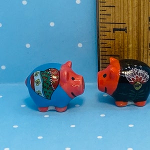 2 Tiny Artful PIGS Decorate Pig Piggy Pair - French Porcelain Feve Feves Mini Figurine Miniature  SS73