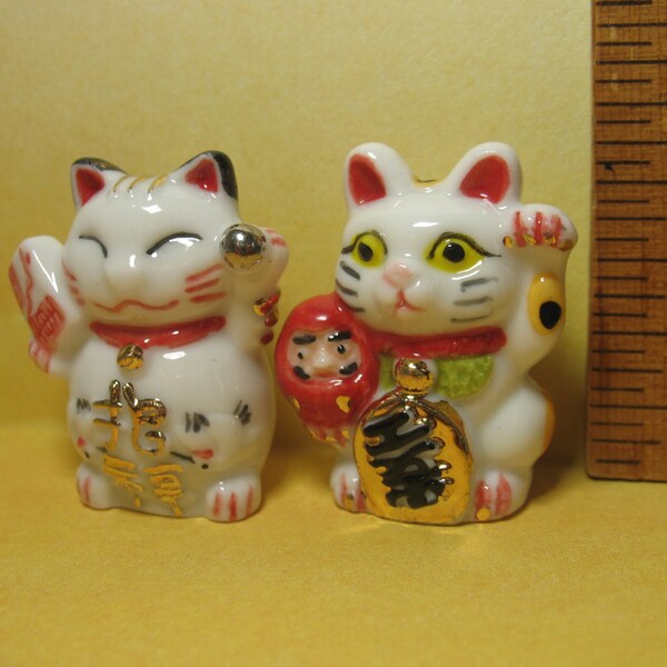 French Feve - ASIAN Good Luck CATS Maneki-Neko Kitten Kitty Kittens Beckoning Cat- Tiny Porcelin Feves Figurine Dollhouse Miniature P220