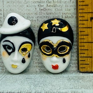 Gorgeous PIERROT MASKS Carnival Commedia Clown Pantomime Mask Mardi Gras Costume Art - French Feve Feves Porcelain Dollhouse Miniatures  P1