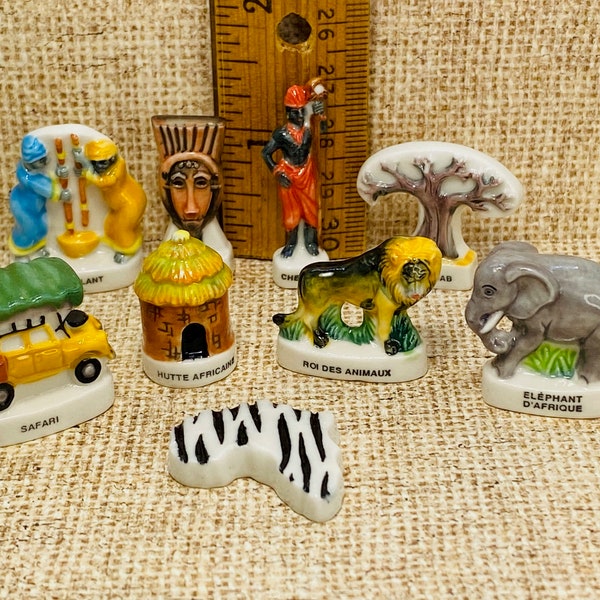 African Icons Symbols & Sights of Africa Safari Jeep Hut Lion Elephant Mask Warrior French Feves Figurine Doll House Miniatures AB4