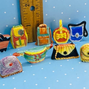 Tiny Vintage PURSES Totes Purse Handbags Backpack Pocketbook Totes- French Feves Porcelain Dollhouse Miniatures Accessories J359