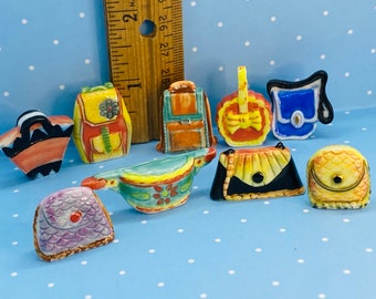 Tiny Vintage PURSES Totes Purse Handbags Backpack Pocketbook Totes- French Feves Porcelain Dollhouse Miniatures Accessories J359