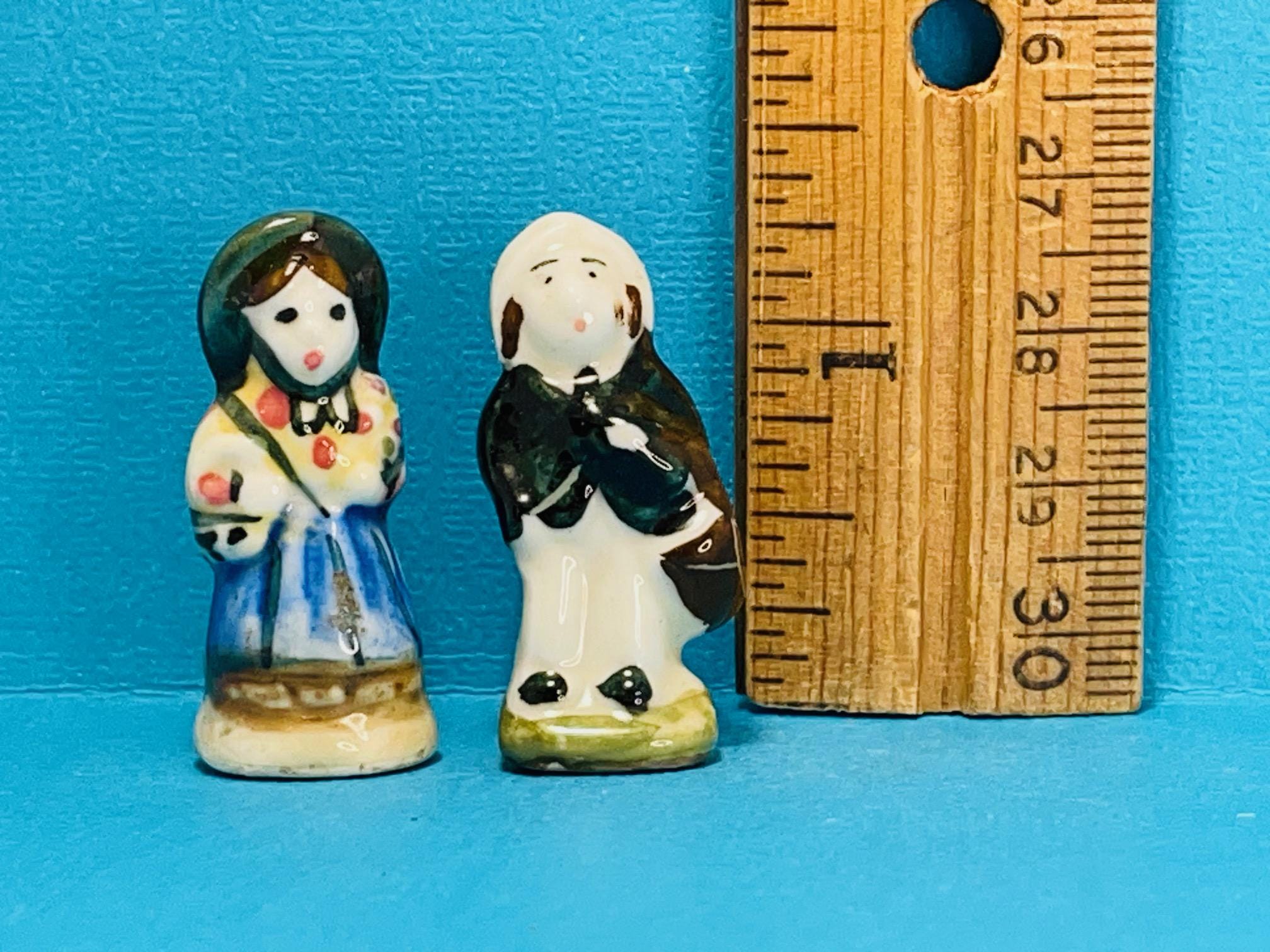 2 Vintage VILLAGERS Townspeople Laborer Farmer Farm Wife People Santons Miniature Villager French Feves Figurines V27