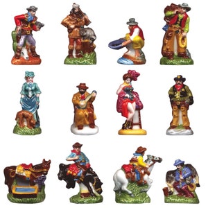 May include: Set of 12 hand-painted ceramic figurines depicting various characters from the Wild West. The figurines feature cowboys, a saloon singer, a gambler, a prospector, and a Native American. Each figurine is detailed and colourful, with unique poses and expressions.