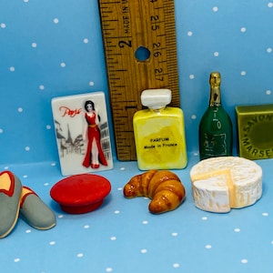 SOUVENIRS of PARIS France Icons Champagne Fashion Perfume Cheese Beret Croissant Soap Fashion  French Feve Feves Dollhouse Miniatures SS69
