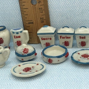 Tiny RED ROSE retro Serving Dishes Kitchen Canister Set Plate Pitcher Vase - French Feve Feves Porcelain Dollhouse Miniatures Figures R202