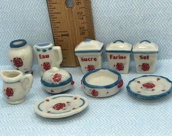 Tiny RED ROSE retro Serving Dishes Kitchen Canister Set Plate Pitcher Vase - French Feve Feves Porcelain Dollhouse Miniatures Figures R202