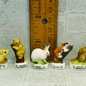May include: Five miniature ceramic animal figurines on a white surface. The figurines are of a hamster, a galago, a hare, a lerot, and a beaver. Each figurine is on a small base with a diamond-shaped label that identifies the animal. The labels read "Hamster nain", "Galago du Senegal", "Lievre Blanchon", "Lerot", and "Castor Americain".