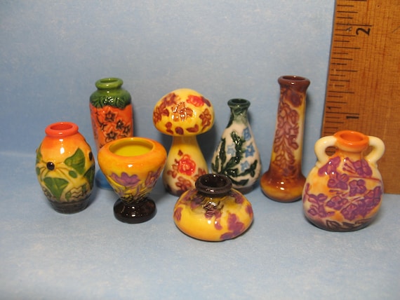 GALLE Nancy School Art Pottery Yellow Vase French Feve Dollhouse Miniatures Y30