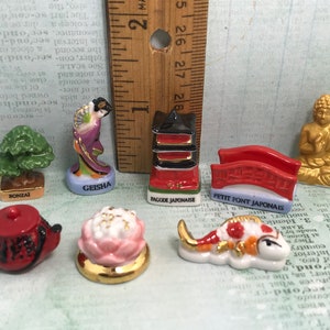 Japan Symbols Souvenirs Pagoda Bridge Koi Geisha Lotus Tea Buddha Bonsai Japanese 8pc- French Feve Feves Porcelain Dollhouse Miniatures A163