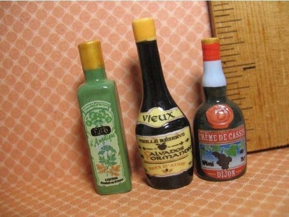 Tiny LIQUOR BOTTLES Liqueur, Calvados, Creme de Cassis  French Feve Feves Mini Figurine Dollhouse Miniatures Nn20