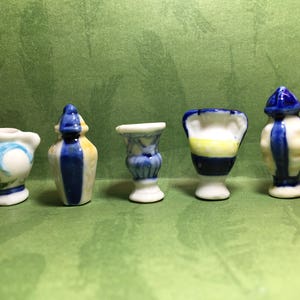 5 Blue VASES Vase Mini Home Decor Urn Ginger Jar Vintage -  Hand painted - French Feve Feves Porcelain Figurines  Doll House Miniature M140