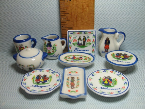 Tiny Breton QUIMPER DISHES Traditional Serving Plates Bowls Wedding Dish China  - French Feve Feves Porcelain Dollhouse Miniatures DD30