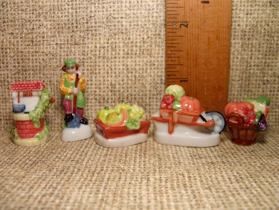 GARDENING French Feves Wishing Well, Vegetable Basket, Wheel Barrow,  Gardener Feve Porcelain Figurine Dollhouse Miniatures M60 