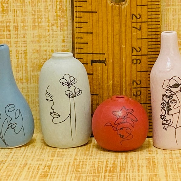 Line Art FACE VASES Graphic Pottery Planters Pots & Modern Floral Decor Vase Crock - French Feve Feves Porcelain Dollhouse Miniatures R206