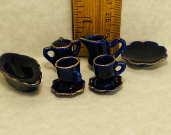 6 Blue & Gold Wedding China Pitcher Serving Bowl Coffeepot Plate Cup Dishes VINTAGE French Feve Feves Figurines Dollhouse Miniature NN119