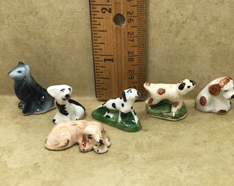 Vintage DOGS Puppies Dog Puppy  Hand Painted Miniatures French Feves Feve Porcelain Doll House Miniature Figurines Figures  A57