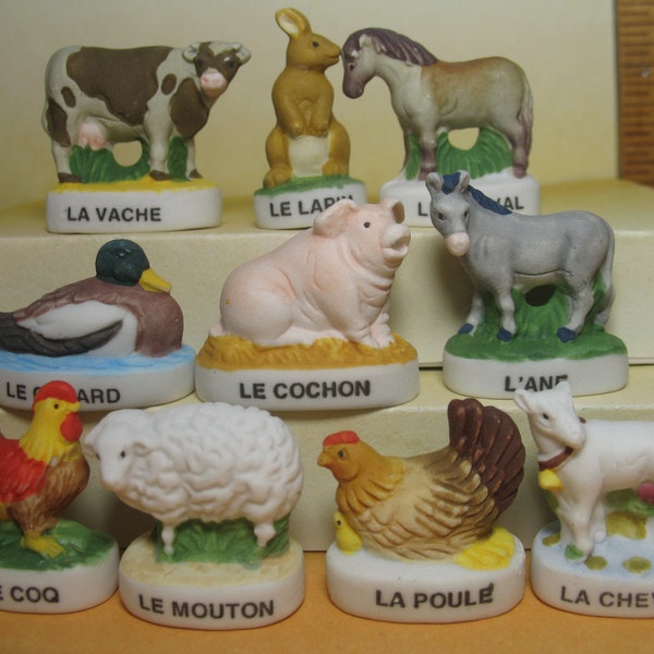 FARM ANIMALS Sheep Cow Pig Donkey Rabbit Hen Lamb Horse Rooster  -  French Feve Feves Porcelain Figurines Dollhouse Miniatures Z80