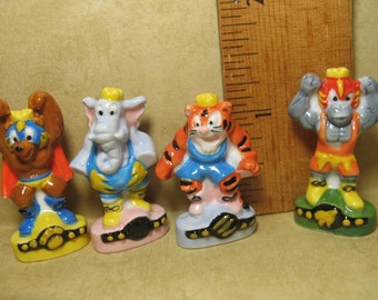 Clearance ANIMAL WRESTLERS Wrestling Wolf, Dog, Elephant, Tiger, Gorilla Miniature French Feve Porcelain Figurine Miniatures A7