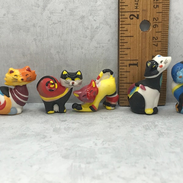 BRIGHT HAPPY CATS Cat Colorful Cartoon Kittens Kitty Kitten Hand Painted Porcelain  - French Feve Feves Dollhouse Miniature FF122