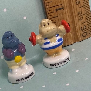Silly HIPPOS Hippopotamus Hippo Boxer & Weightlifter Cartoon animals Zoo Jungle Safari French Feve Feves Figurines Dollhouse Miniatures XX94
