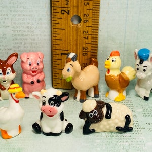 FARM ANIMALS Fun Cartoon Style Sheep Cow Pig Donkey Rabbit Hen Goat Goose  8 pcs French  Feves  Dollhouse Miniatures GG44