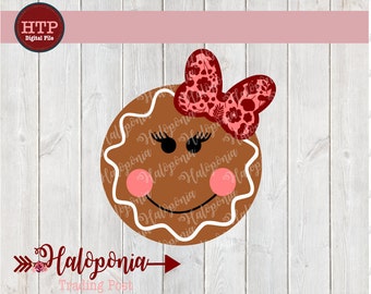 Holiday Gingerbread Girl Face  with Bow SVG File