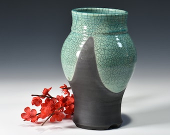 Raku Vase.  Copper green crackle and carbon black.  Hand thrown and fired in Illinois