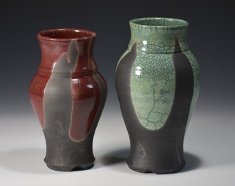 Hand Thrown Raku Vases.  Set of two.  Red and Green Crackle with Carbon black.  About 9.5 inches tall.  Hand thrown & fired in Illinois USA