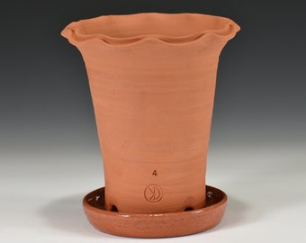 Hand Thrown Terracotta Planter.  4# "Long Tom" with attached glazed saucer and fancy scallop lip.  About 7.5" tall & 7.5" wide.  Made in USA