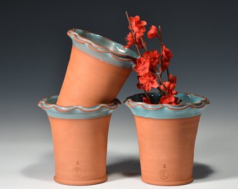 Terracotta Planters.  Set of 3.  2# Long Toms with turquoise glaze and scallop lip. 6" tall and 6" at the lip.  Thrown and fired in Illinois