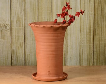 Large Terracotta Planter.  12# Long Lom with saucer.  13" tall.  Hand thrown and fired in Illinois