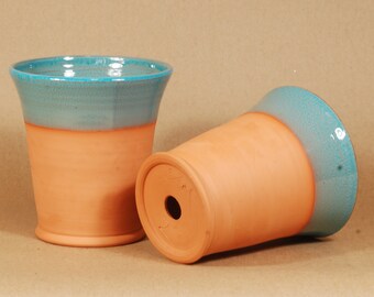 Terracotta Planter. Set of Two. 2# Long Tom with turquoise rim. 6" tall 5.5" wide at the lip.  Thrown and fired in Chicago