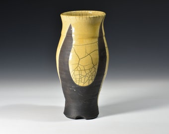 Raku Vase.  Hand thrown with carbon black and straw crackle glaze. 10" tall 4.5" at the lip.  Thrown and fired in Illinois