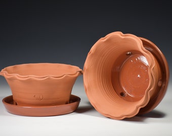 Hand Thrown Terracotta Planters.  Set of 2.  4# Seed Pans with attached saucer, scallop lip. 4" tall & 8" wide. Thrown and fired in Illinois