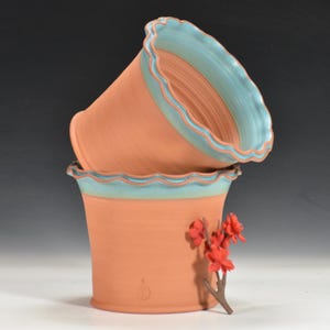 Terracotta Planter Set: Scalloped Lip, Copper Green Glaze, Made in USA