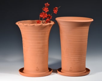 Large Terracotta Planters with glazed saucers.  Set of 2.  12# Long Toms.  With and without Scallop lip.  Hand thrown and fired in Illinois.
