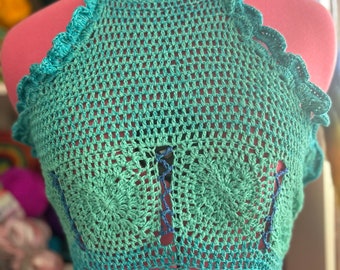Oma Square Crochet Aqua Teal Halter Wrap top Handgemaakte gehaakte tank Medium