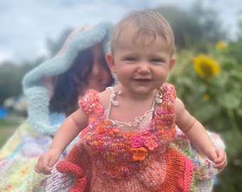 Baby girls hand knitted dress 6mths embellished with crochet flowers wool