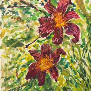 May include: A watercolor painting featuring two deep red lilies with bright yellow centers. The flowers are surrounded by a vibrant, textured background of green, yellow, and blue brushstrokes, creating a lush, impressionistic garden scene.