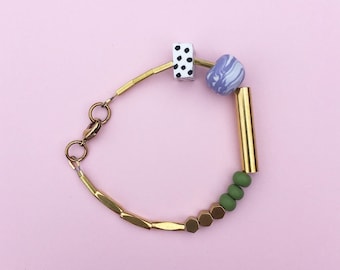 Marble and Brass Bracelet -  Olive and Purple