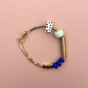Marble and Brass Bracelet - Cobalt and Mint, Colourful Statement Beaded Bracelet Handmade Gift
