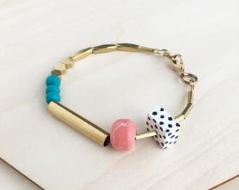 Marble and Brass Bracelet - Teal & Salmon