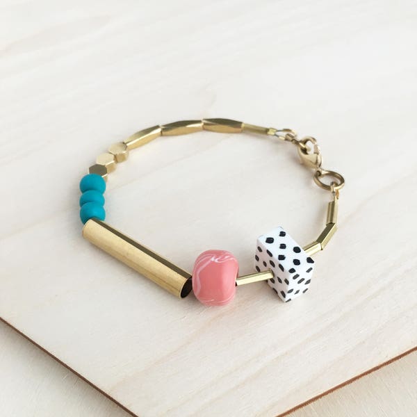 Marble and Brass Bracelet - Teal & Salmon