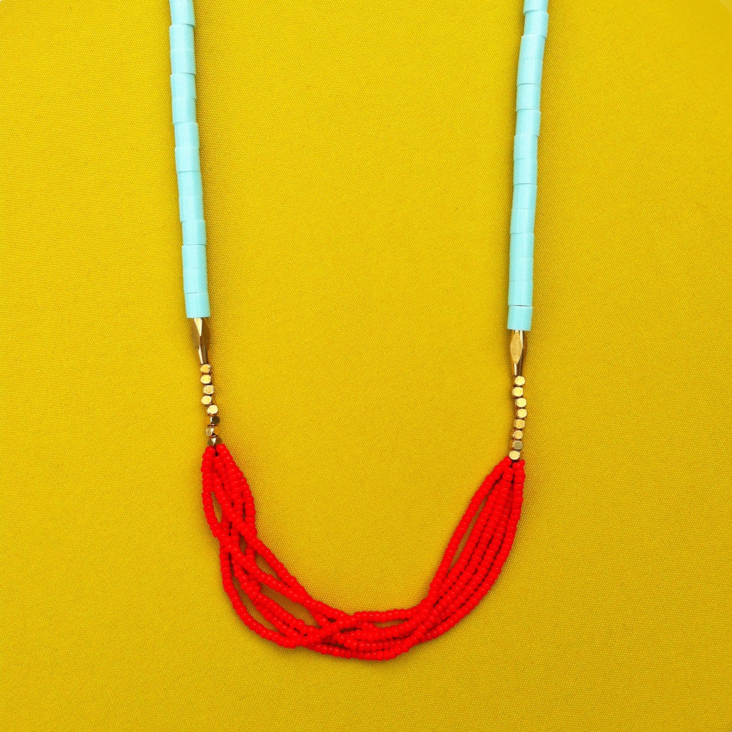 Pop Necklace Red and Turquoise, Long Colourful Necklace