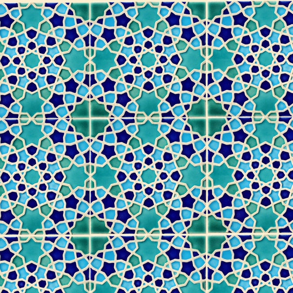 Hand-Painted Moroccan Star Kitchen Tiles: Blue & Green Stoneware