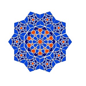 May include: A symmetrical geometric design in shades of blue, orange, and white, set against a white background. The pattern features intricate star-like shapes and repeating geometric elements, creating a visually appealing and balanced composition.