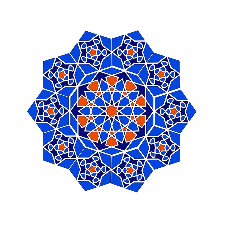 May include: A symmetrical geometric design in shades of blue, orange, and white, set against a white background. The pattern features intricate star-like shapes and repeating geometric elements, creating a visually appealing and balanced composition.