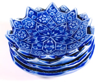 Set of Four Ceramic Nesting Bowls - Cobalt Blue Lotus Flower Ring Dish - Blue Ceramic Soap Dish